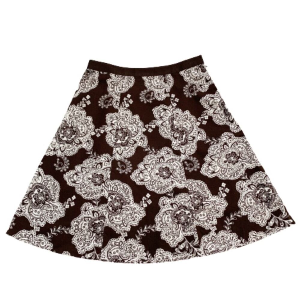 Talbots Skirt Brown White Paisley Floral Cotton A-Line Flare Circle Skirt Size 8